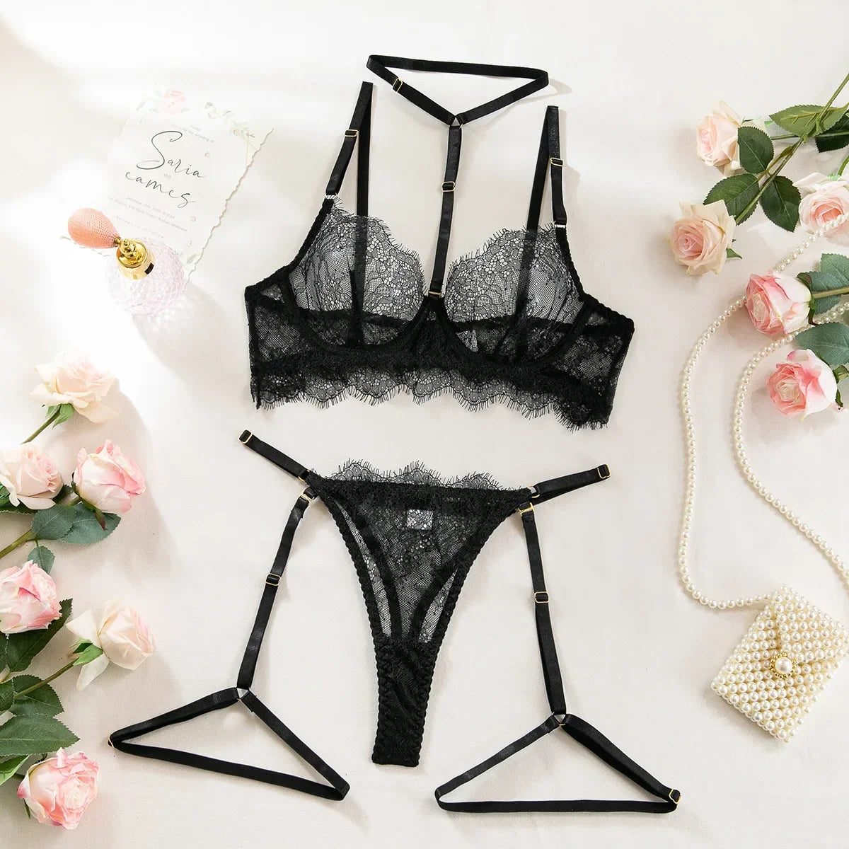 Toucheart Sexy Lingerie Suit Female Sexy See-through Lace Halter Bra SetAdjustable Leg Ring Set for Women Sexy Underwear New
