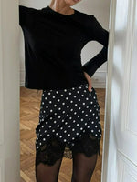 FDYOUI 2026 Woman Clothes Lace Patchwork Polka Dot Skirts Female Sexy Tight Short Skirt Black Party Night Club Dress Streetwear