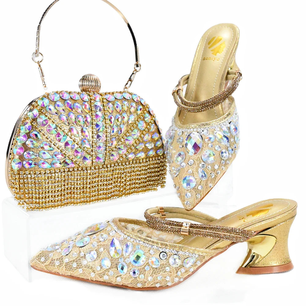 Doershow High Quality African Style Ladies Shoes And Bags Set Latest gold Italian Shoes And Bag Set For Party1-10