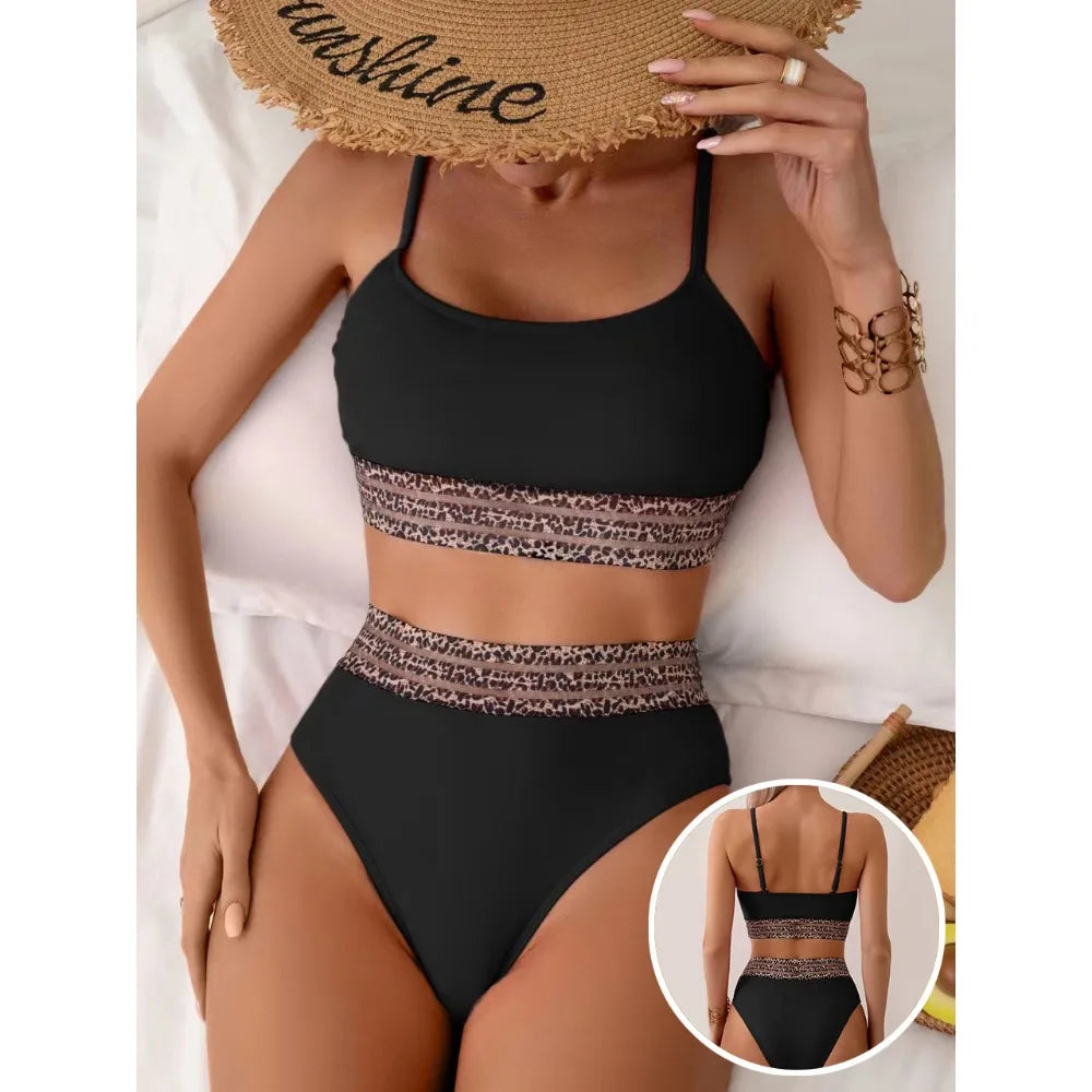 New Sexy Black High Waisted Bikinis Two Pieces Swimsuit Women Swimwear Mesh Beach Wear Sporty Padded Bathing Suits Pool Summer