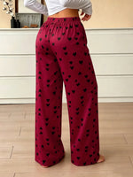 New Women Satin Pajama PantsHeart Print Elastic Waist Loose Wide Leg Sleep Bottoms Ladies Casual Trousers
