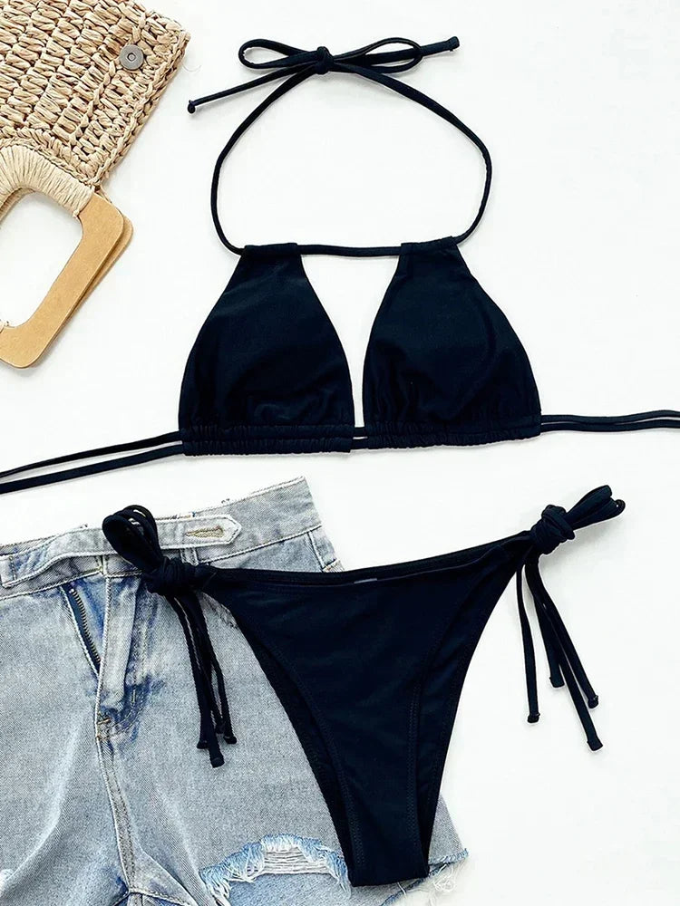 2025 Sexy Tie Side Strappy Halter Bikini Female Swimsuit Women Swimwear Two-pieces Bikini set Hollow out Bathing Suit Swim Lady