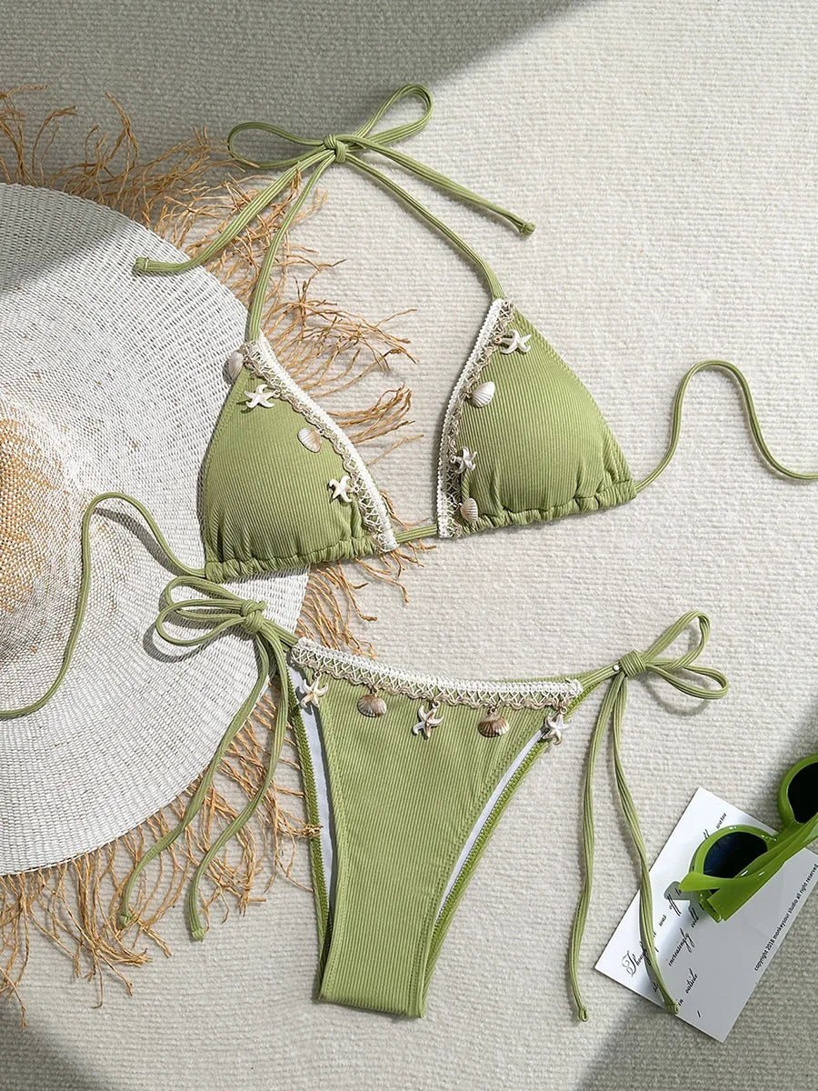 Shell Decoration Ribbed Bikini Women Swimwear Female Swimsuit Two-pieces Bikini Set Halter Strappy Bather Bathing Suit Swim Lady