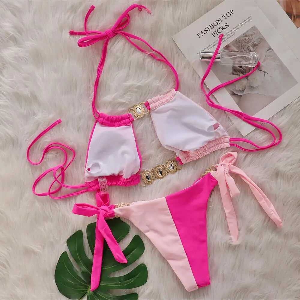 DEKA Splicing Halter Jewelled Diamond Bikini Women Swimsuit Female Swimwear Two Pieces Bikini Set Hollow Out Bathing Suit