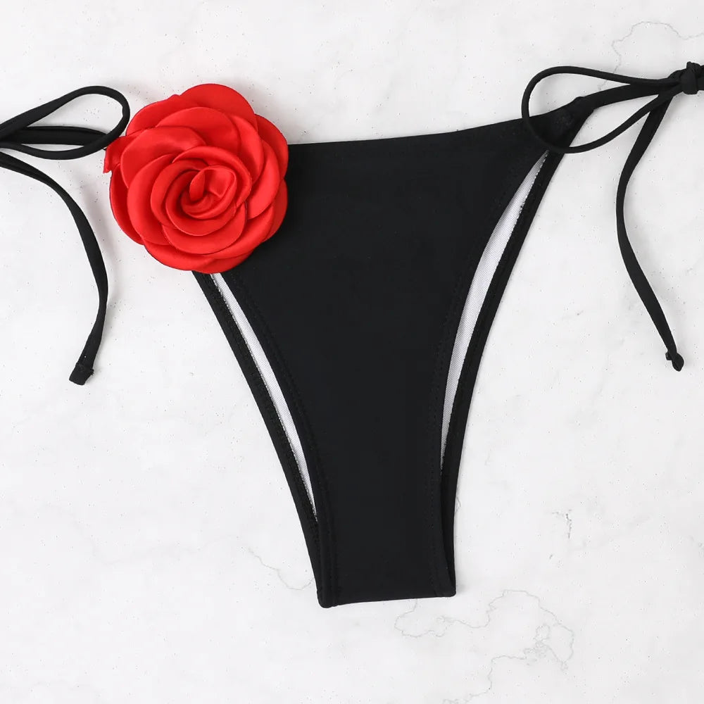 Sexy Bikini Set 2025 Bandeau 3D Flower White Black Contrast Push Up Micro Swimsuit Brazilian Cut Out Bathing Suit Thong Swimwear