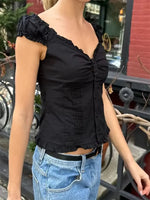 Women's Button Down Tops Fashion Cap Sleeve Solid Color Slim Fit Frill T-Shirts Summer Blouses