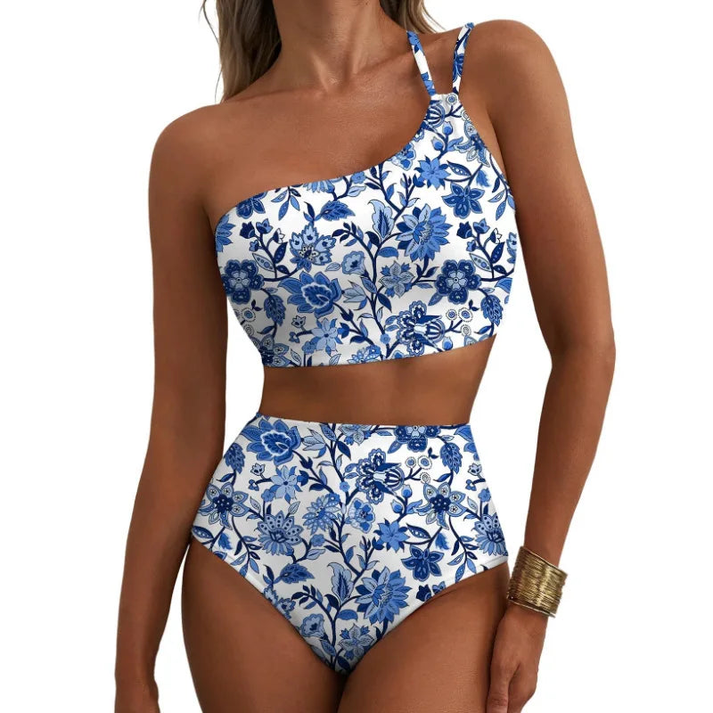 Women Sexy High Waist Split Swimsuit Lace Up Floral Bikini Set Summer Two-piece Beachwear Bathing Suit Thong Biquinis