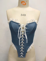 Sexy Imitates Denim Camisole Women Off Shoulder Lace Trim Bandage Cross Slim Fit Fishbone Tank Top 2026 Lady Club Party Vest