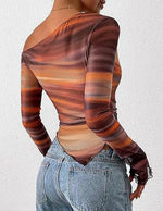 Women's Off-Shoulder Ruffled Sleeve Long-Sleeve Top with Asymmetrical Tie-Dye Mesh Asymmetrical Pleated Floral Print T-Shirt