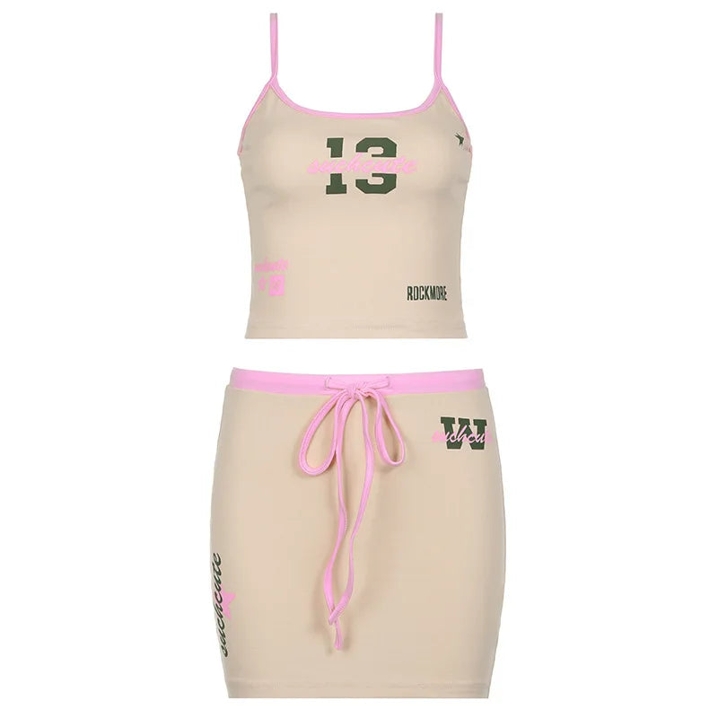 Hot Girl Two-piece Suit Printed Slimming Suspender Low Waist Drawstring Short Skirt Suit