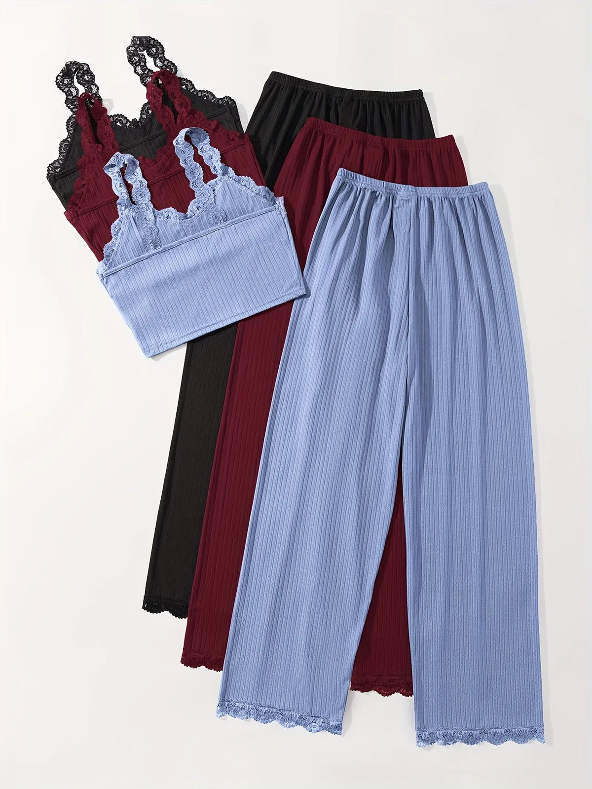 Women Ribbed Pajama Set Lace Trim Cami Top and Pants Sleepwear Soft Breathable Button Front Loungewear