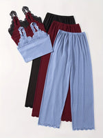 Women Ribbed Pajama Set Lace Trim Cami Top and Pants Sleepwear Soft Breathable Button Front Loungewear