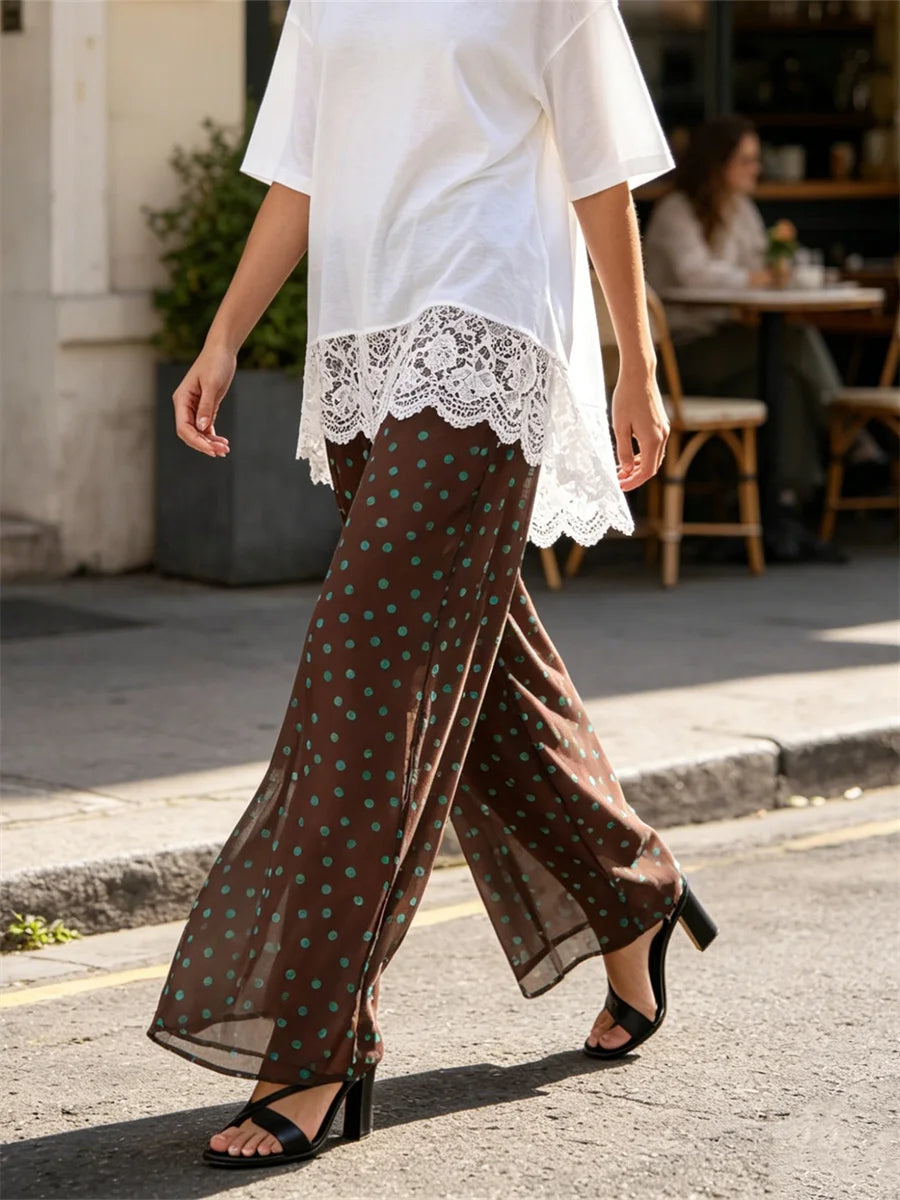 Women Sheer Mesh Pants Dots Print Elastic Waist Loose Fit Wide Leg Trousers Beach Bikini Cover up See Through Club Trousers