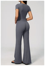 Creamy 2 Pieces Workout Suit Women Yoga Outfits Short Sleeve O Neck Slim Sports T Shirts High Waist Flare Pants Gym Fitness Sets
