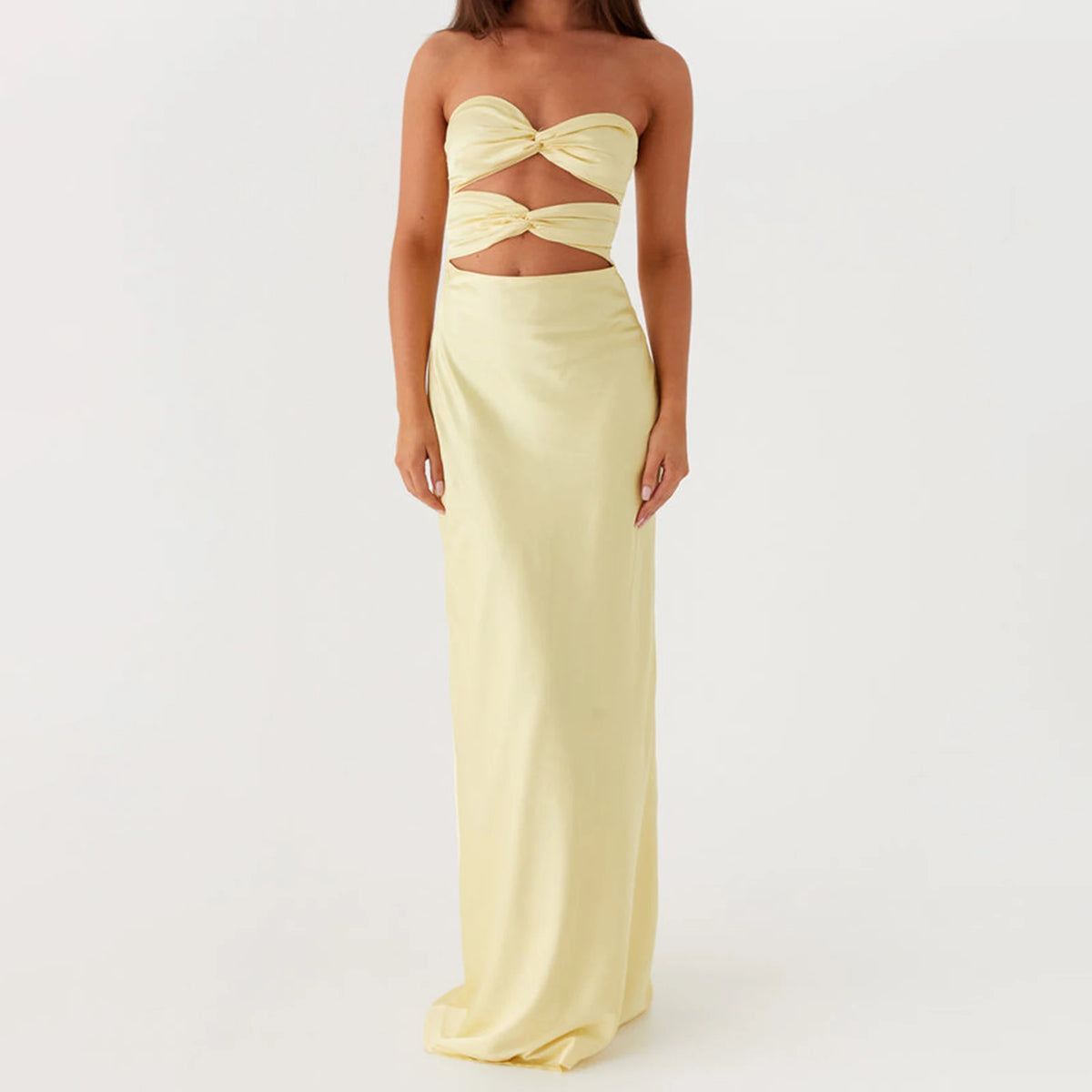 Women's Fashion Elegant Hollow Out Tube Dress Strapless Twist Front Solid Color Bodycon Summer Party Club Long Dresses
