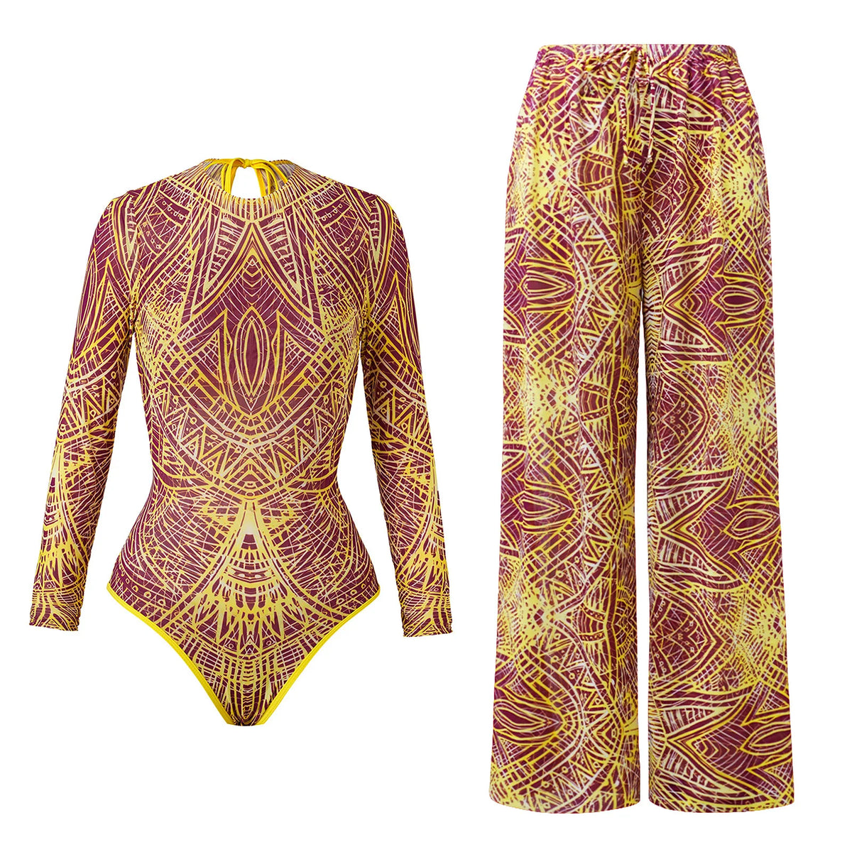 2025 Mesh Swimsuit with Long Pants High Waist Sexy Bathing Suit Swimdress Long Sleeve Beachwear Smart Casual Clothing for Women
