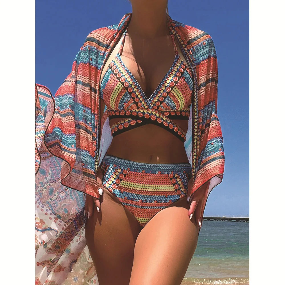 Women Bathing Suit 3 Piece Swimsuit Kimono Cross Wrap High Waist Bikini Beach Cover Up Swimwear Africa Print Bathing Suit Beach