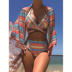 Women Bathing Suit 3 Piece Swimsuit Kimono Cross Wrap High Waist Bikini Beach Cover Up Swimwear Africa Print Bathing Suit Beach