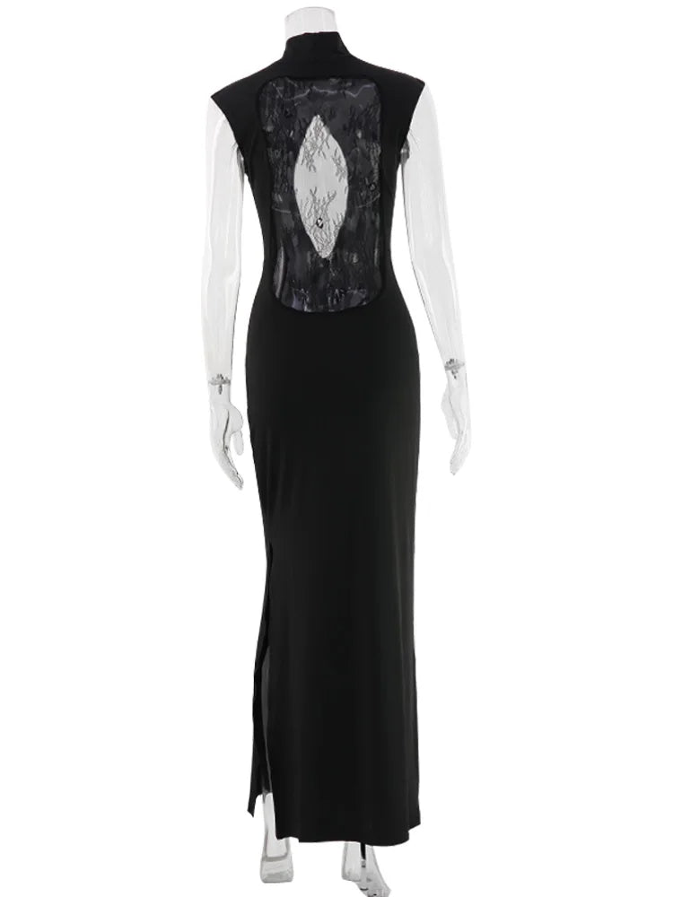 Ahagaga Fashion Sexy Women's Maxi Dresses Turtleneck Short Sleeves Hollow Out Lace Patchwork Sheath Split Party Solid Vestidos