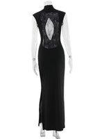 Ahagaga Fashion Sexy Women's Maxi Dresses Turtleneck Short Sleeves Hollow Out Lace Patchwork Sheath Split Party Solid Vestidos