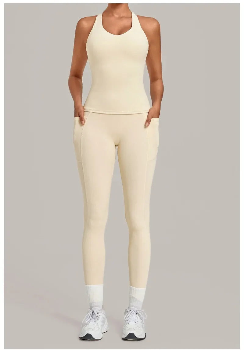 Women's Seamless Yoga Sets Sports Fitness Hip-lifting High Waist Pant Sleeveless Backless Suits Workout Running Leggings Sets