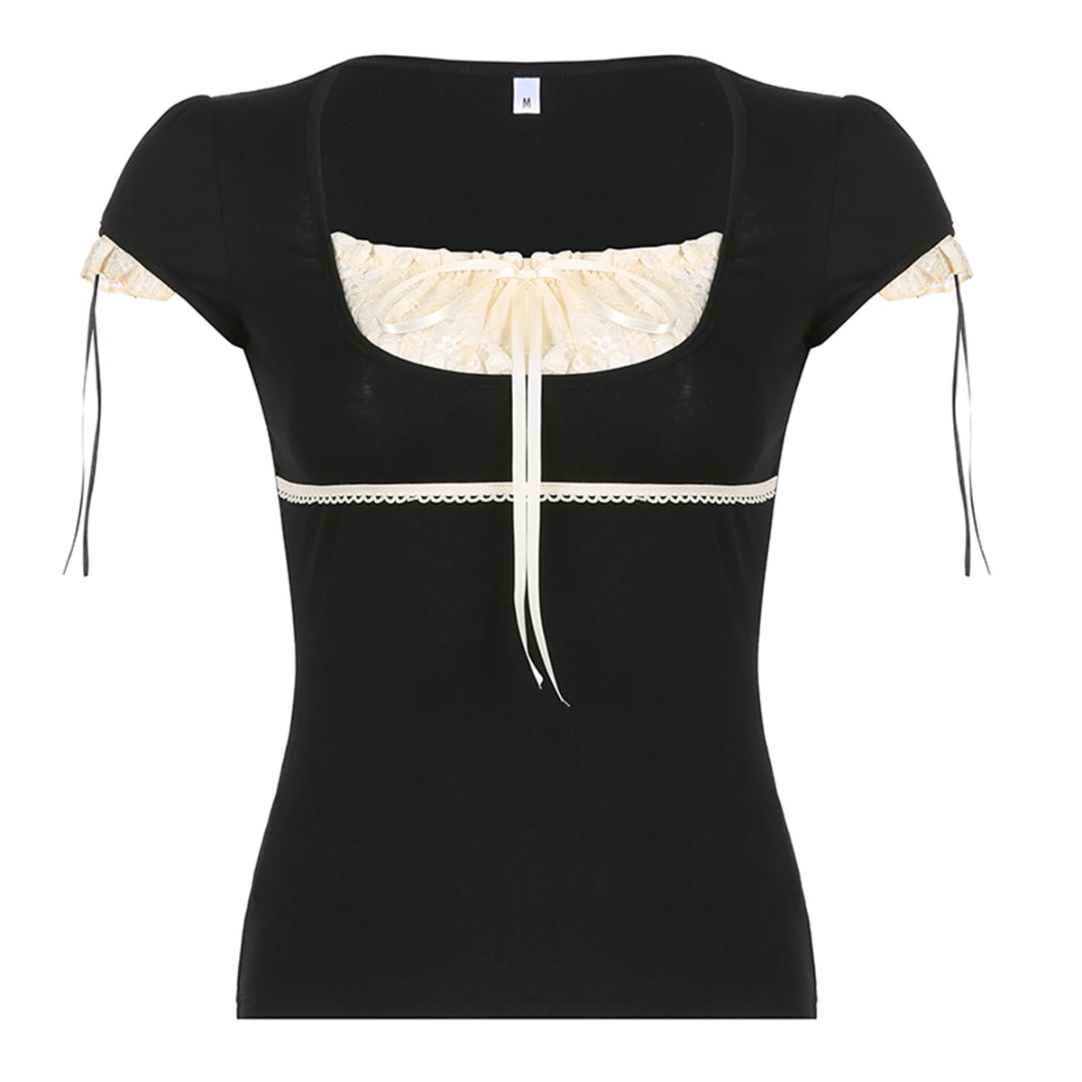 Women Summer T-shirt Lace Patchwork Square neck Short Sleeve Tee Tops Casual Retro Kawaii Y2K Aesthetic Shirts