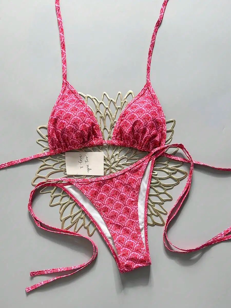 Womens Green Yellow Brazil Print Halter Tie Side Bikini Set For Beach Pool Vacation