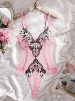 Pink Lace Embroidery Jumpsuit with Black Floral Lace Paneling High-Waist Triangle Pant Design Romantic French Sexy Underwear
