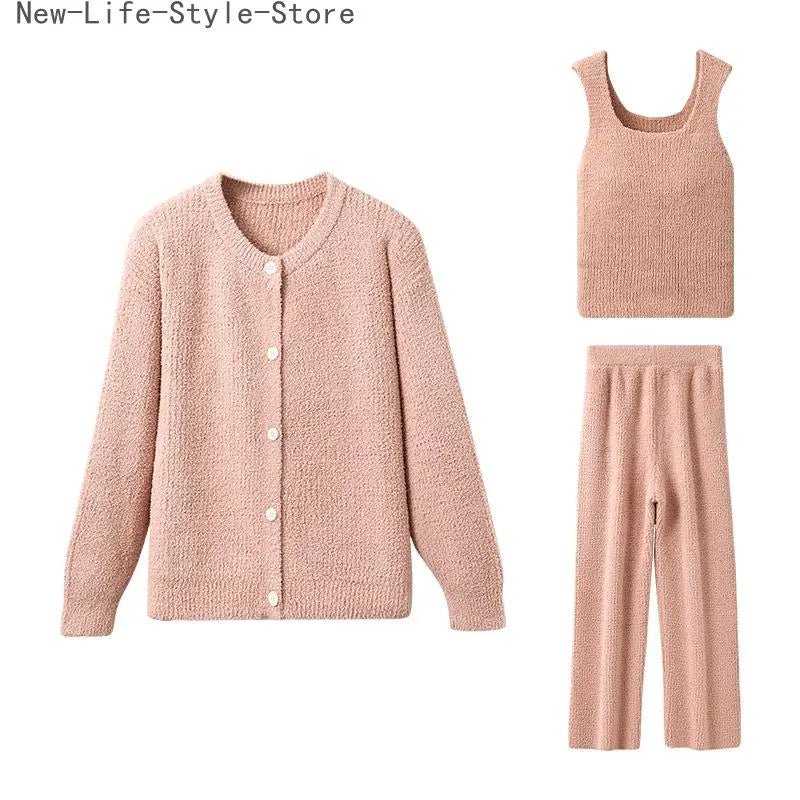 Women Autumn Winter Korean Style 3 Piece Camisole Pajama Set New Soft Half Velvet Elegant Wearable Outside Loungewear Sleepwear