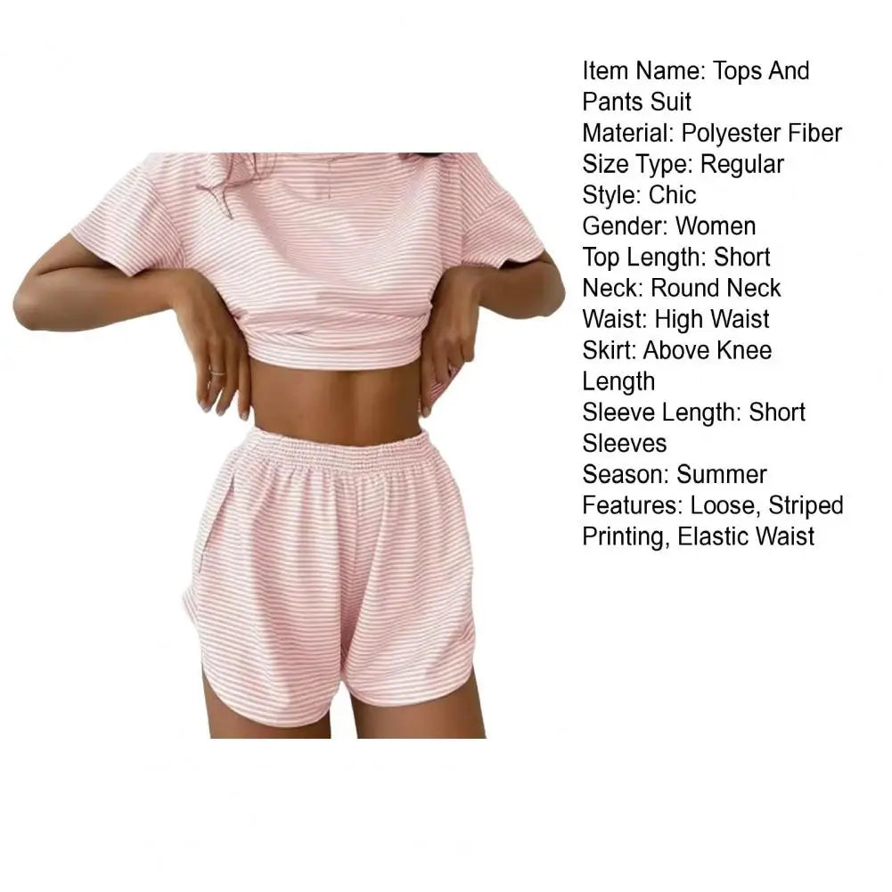 2 Pcs/Set Summer Sleepwear For Women Striped Printed Homewear Top Pants Suit Loose Short Sleeve T-shirt Elastic Waist Shorts