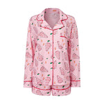 Women's Christmas Two Pieces Pajama Set Long Sleeve Lapel Santa Claus/Christmas Tree Print Shirt Shorts Loose Sleepwear