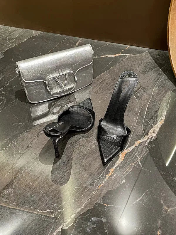 Women Crocodile Texture Pointed Toe Mule Heels Slip On Stiletto High Heel Slippers Elegant Daily Club Party Dress Sandals