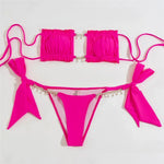 Sexy Rhinestone Chain Micro Thong Bikini Women Swimwear Ruffled Bandeau Swimsuit Knotted Bathing Swimming Suit Bikinis Sets 2026