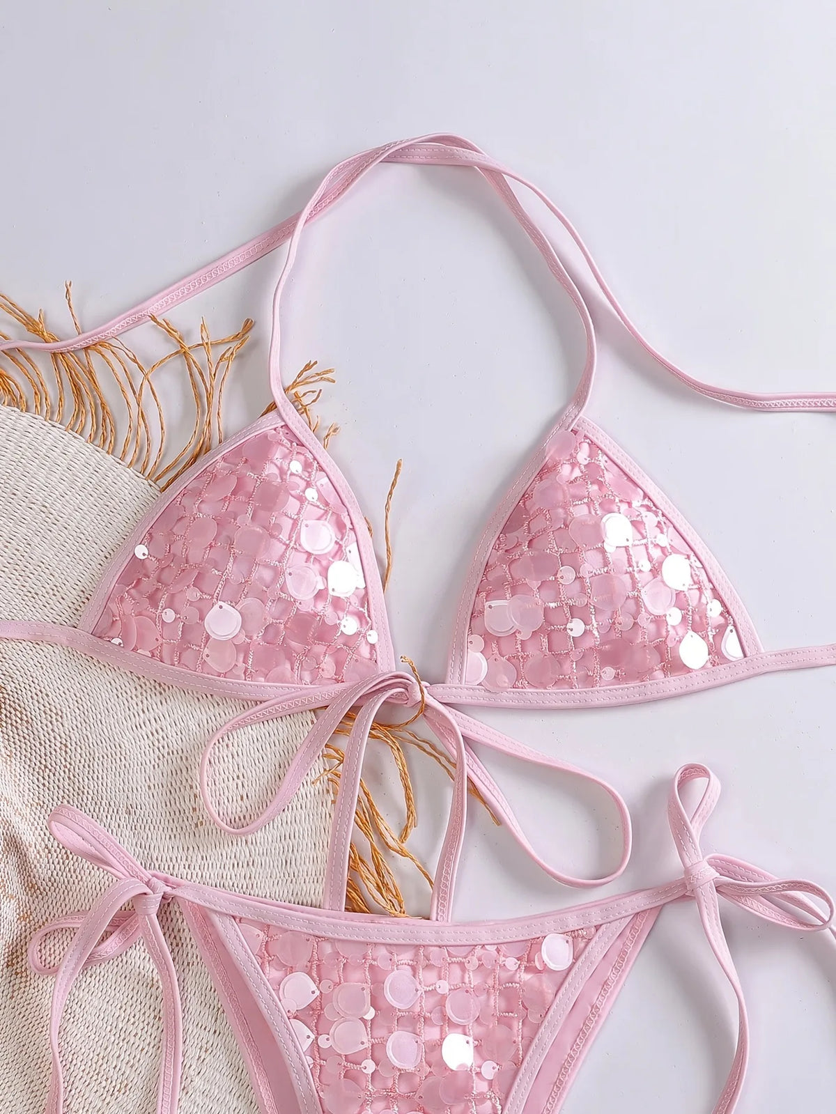 Sexy Sequin Pink Bikini Set 2026 Women Mesh Front Tie Push Up Bra Triangle Swimsuit Beach Bathing Suit Micro Swimwear Biquini