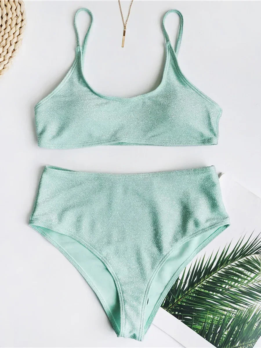 2025 Glitter Sparkling Female Swimsuit High Waist Bikini Women Swimwear Two Pieces Bikini Set Wrinkled Bandeau Bathing Suit Swim