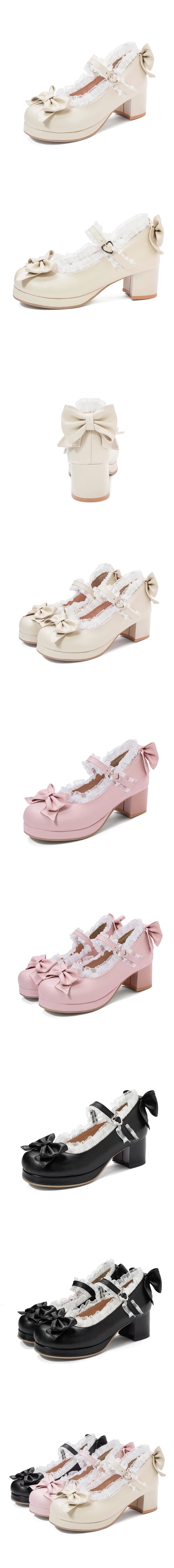 2025 Plus Size 30-48 Women's Candy Colors Mary Janes Pumps Bow Tie Ruffles Black Pink Platform Sweet Block Heels Lolita Shoes