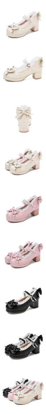2025 Plus Size 30-48 Women's Candy Colors Mary Janes Pumps Bow Tie Ruffles Black Pink Platform Sweet Block Heels Lolita Shoes