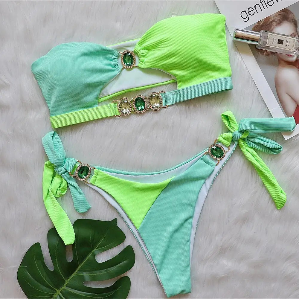 Luxuryt Bandeau Bikini 2025 Woman Sexy Orange Patchwork Cut Out Rhinestone Swimsuit Bathing Suit Thong Swimwear Traje De Baño