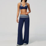 Fake Two-piece Sports Bra Yoga Sets Women Coffee Striped Patchwork Folding High Waist Wide Leg Pants Gym Running Fitness Suits