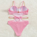Sexy Push Up Underwire One Piece Swimsuit Women Solid Pink Metal Chain Hollow Out Ribbed Bathing Suit Backless Swimwear Monokini