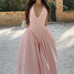 Elegant V-Neck Pleated Long Dresses Women High Waist Summer 2025 French Style Fashion V-neck Backless Lace-up Vacation Vestidos