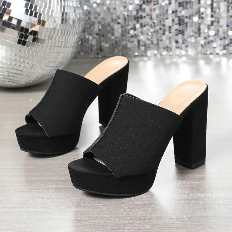 Summer New Women's Square Toe High-heeled Slippers Platform Black Fish Mouth Plus Size Party Shoes