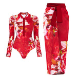 Black And Printed Long Sleeve Swimsuit With Cover Up Sexy Swimwear Women Surf Swim Suit Slimming Bathingsuit Bodysuit Beachwear