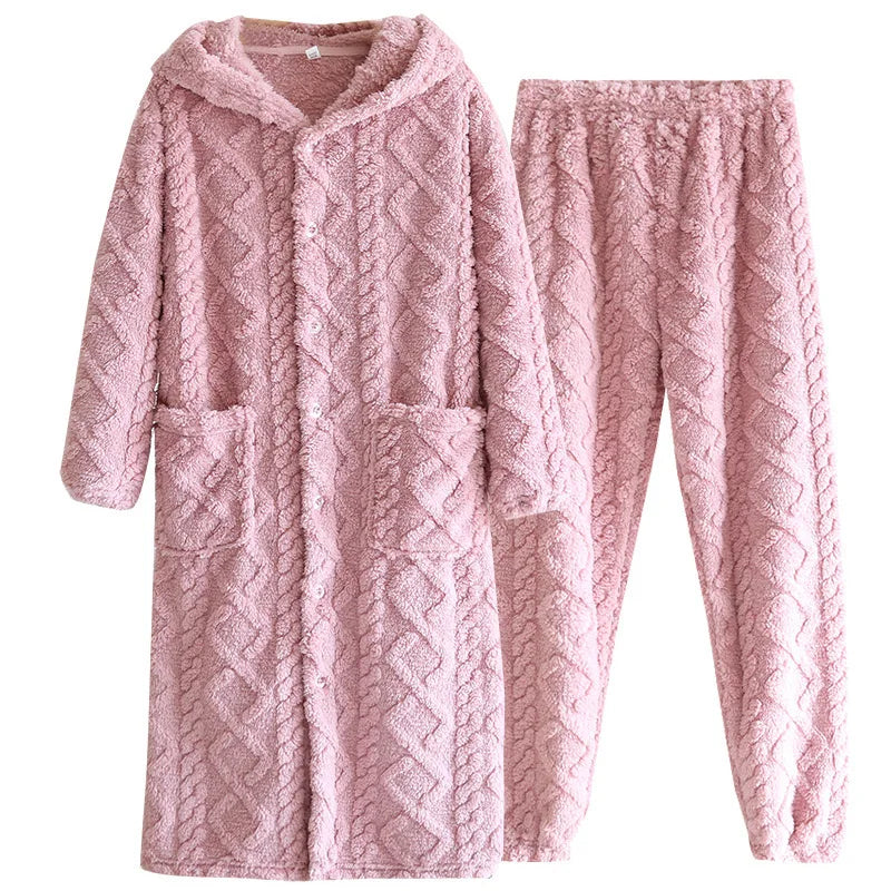 Winter Couple Flannel Pajamas Set Long Thickened Suit with Long-Sleeved Hooded Tops And Pants for Men /Women Home Comfort Wear