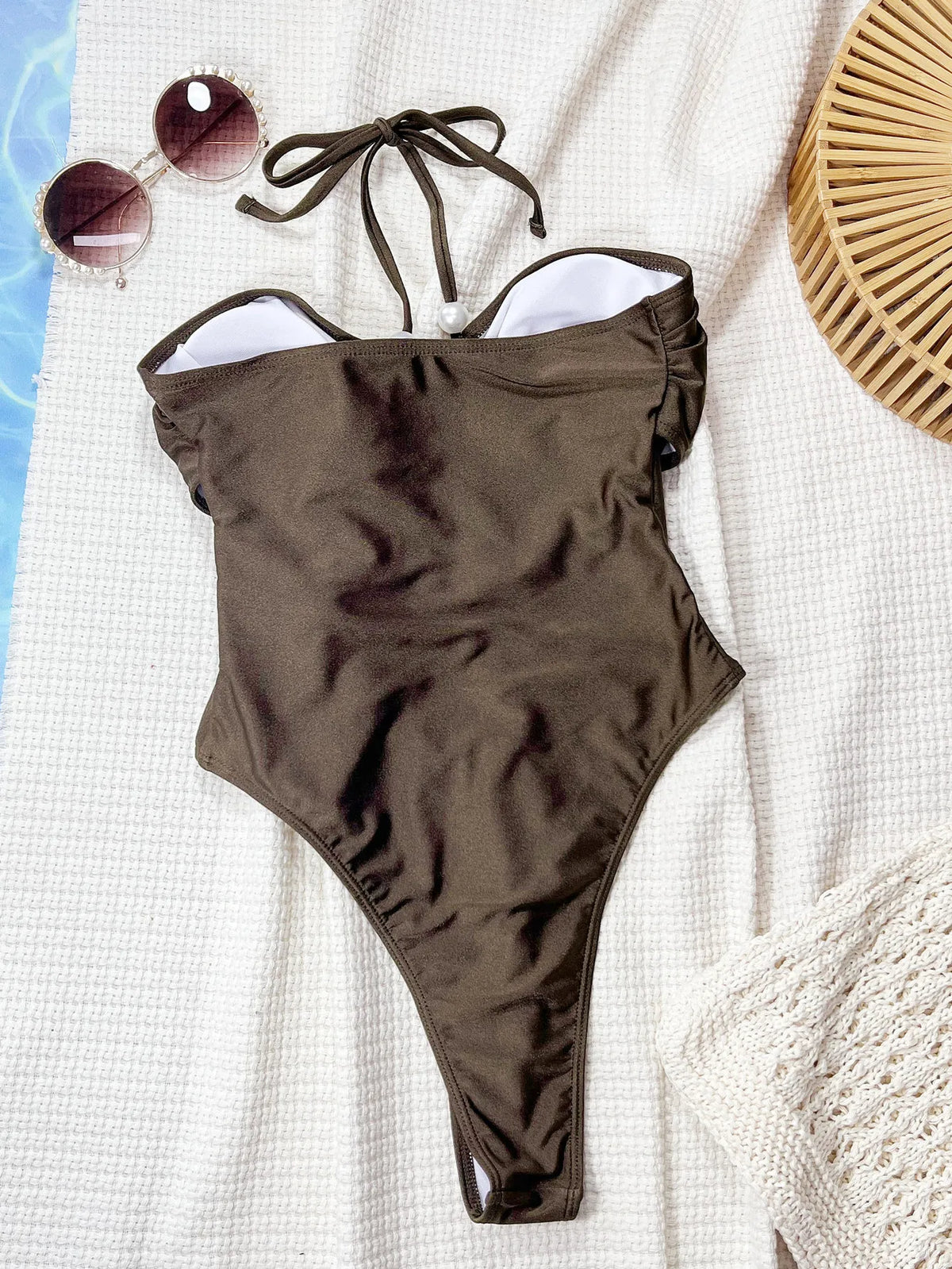 Sexy Coffee Pearl Bandage Cross Swimwear Women 2026 Hollow Out Backless PleateHoliday Bathing Suit One Piece Swimsuit Monokini