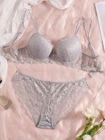 Women's Sexy Lingerie Set Lace Patchwork Solid Color Bowknot Rhinestone Embellished Push-Up Double Shoulder Strap Unlined Comfortable Underwear, Lace Semi-Transparent Breathable Panties