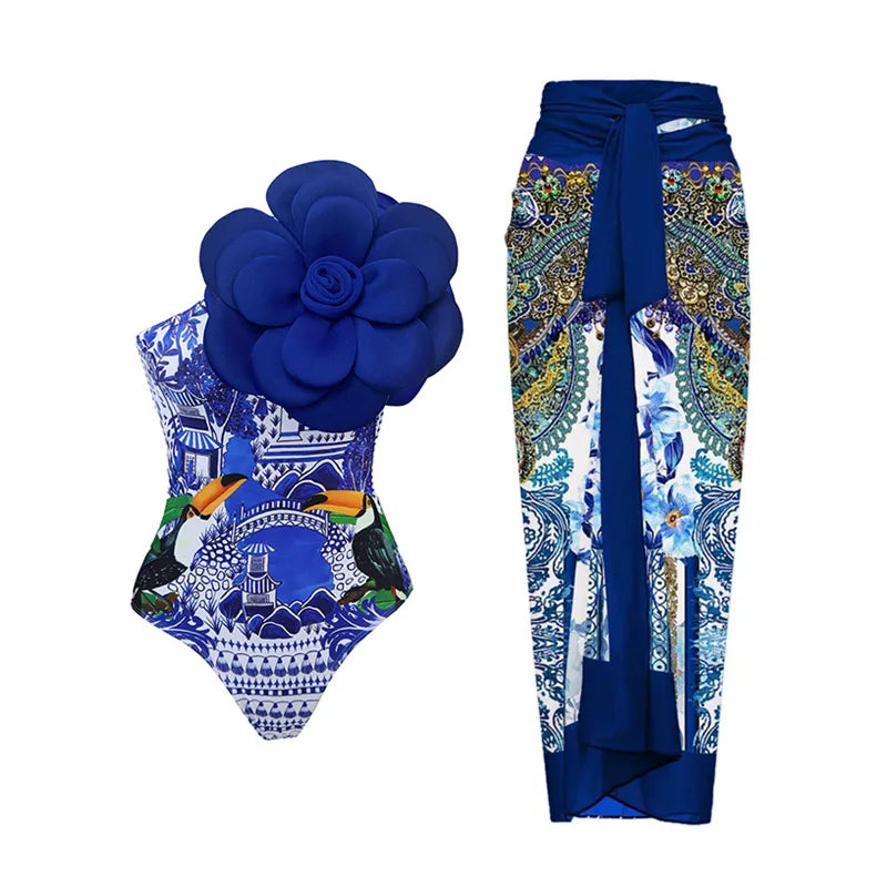 Blue 3D Flower One Piece Swimsuit Luxury Women Swimwear 2024 Monokini Bodysuit Swim Suit Bathing Suit Beachwear Summer Suits