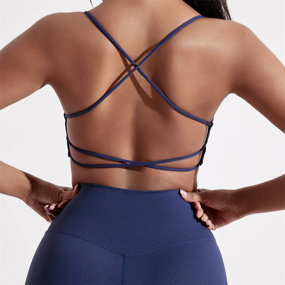 Solid Color cross back Women Fitness Sport bra top soft tight Comprehensive training jogging gym yoga underwear With chest pad