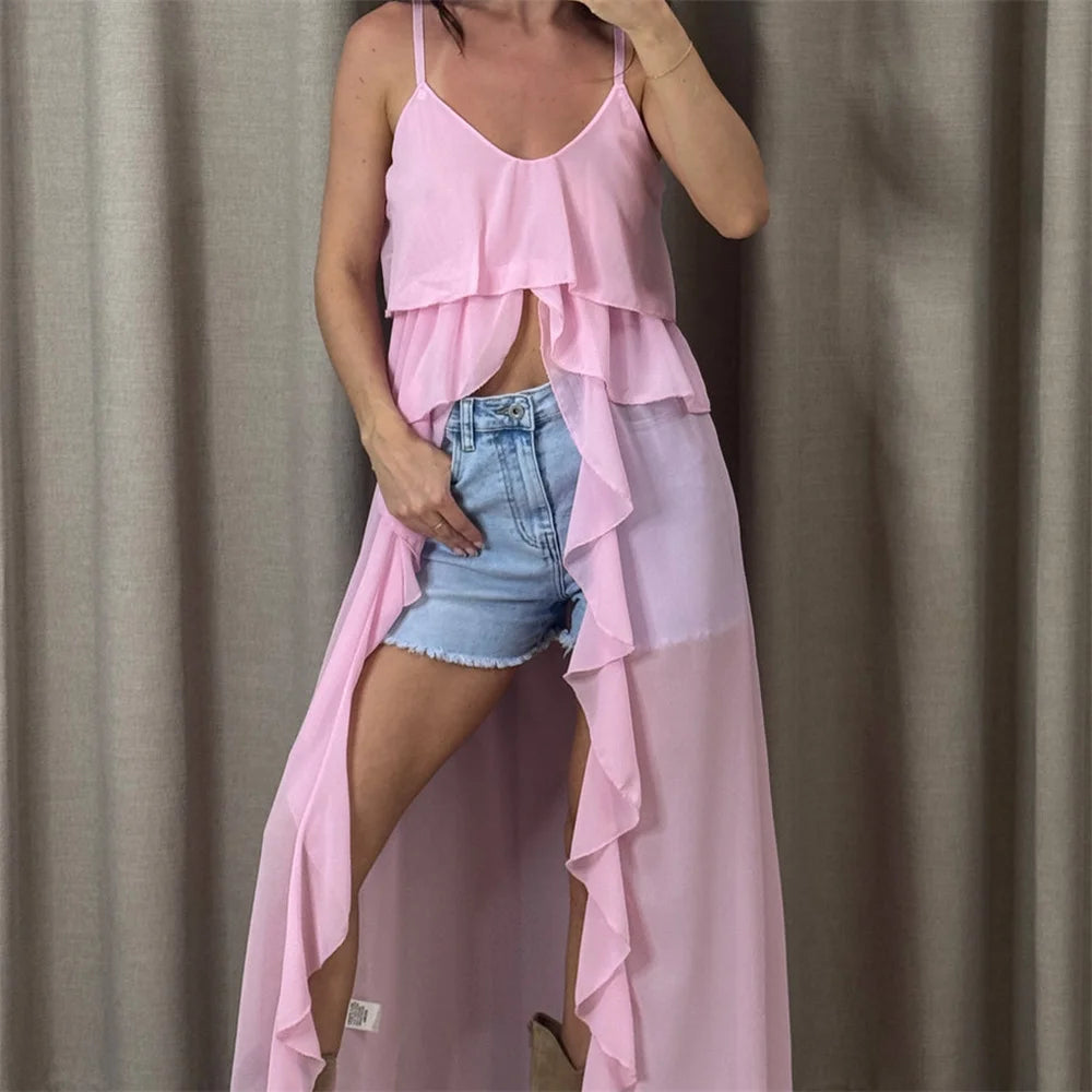 Summer Women Irregular Long Camisole Top Casual Ruffles Split V-Neck Spaghetti Straps Tank Tops Sleeveless Shirts