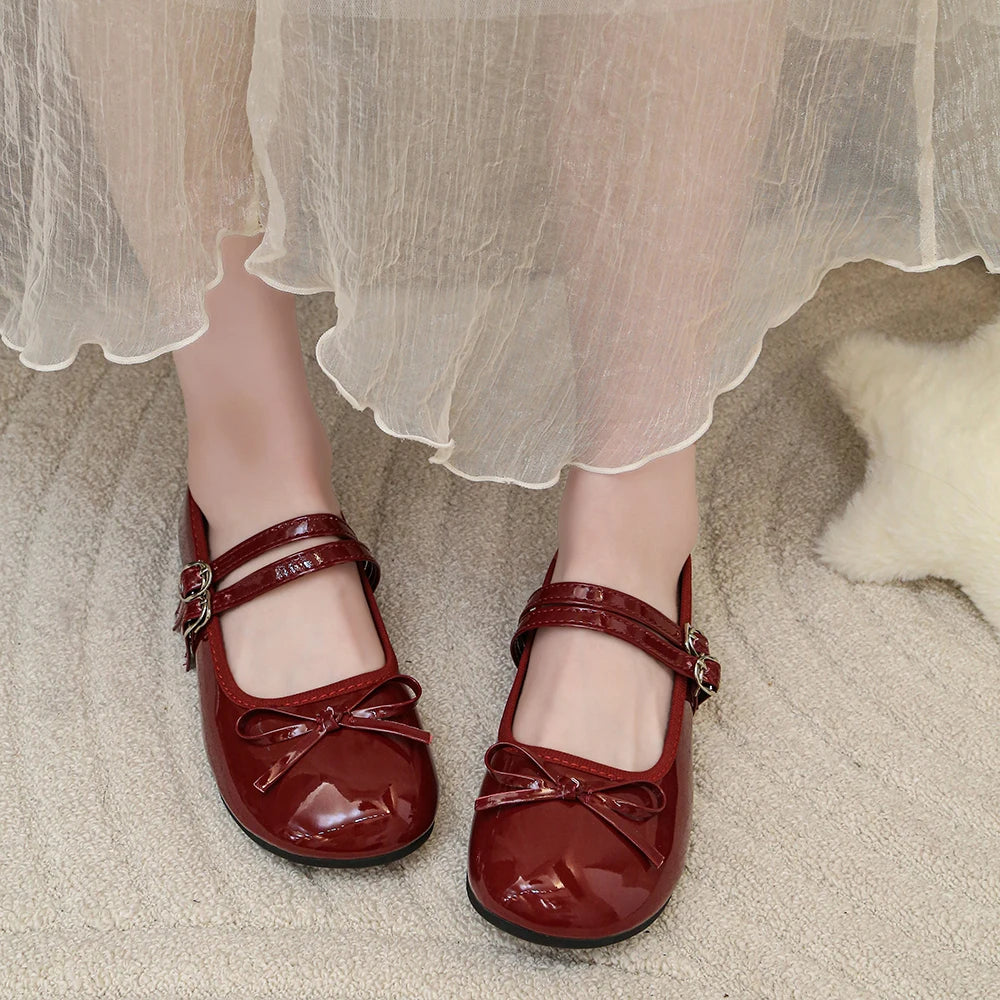 Women Bow Mary Jane Flats Double Strap Buckle Round Toe Patent Leather Sweet Retro Ballet Dress Shoes Multi‑color